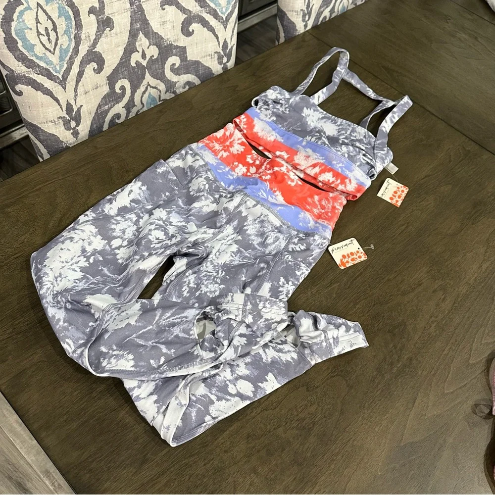 Women’s Tie-Dye High-Waist Leggings & Sports Bra Set - Gray with Coral Accent